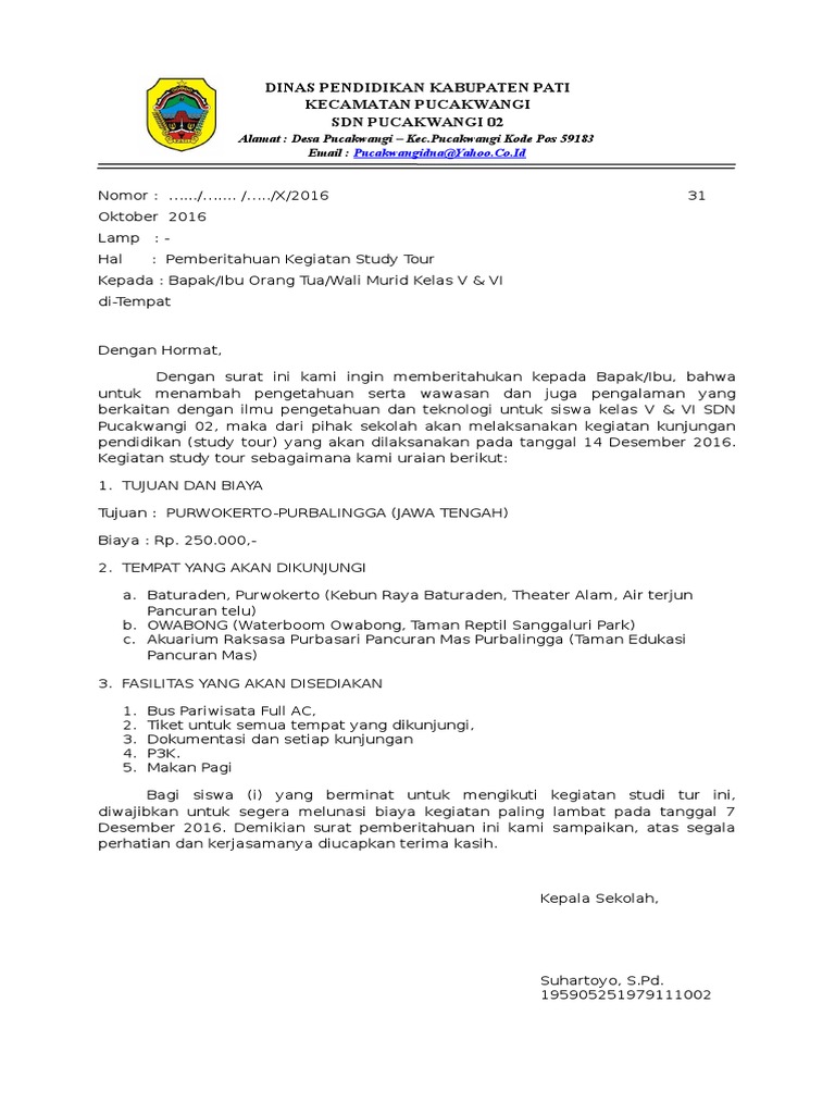 Surat Pemberitahuan Kegiatan Karyawisata Pdf