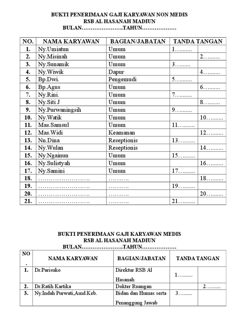 Bukti Penerimaan Gaji Karyawan Non Medis