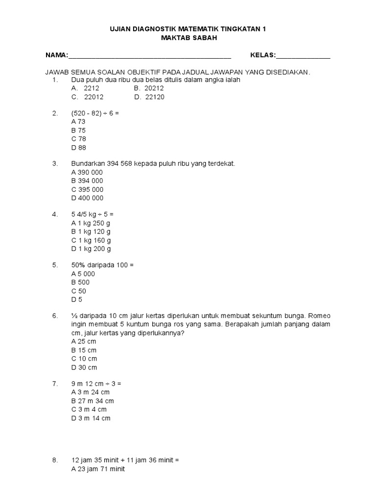 Ujian Diagnostik Matematik Tingkatan 1 Maktab Sabah