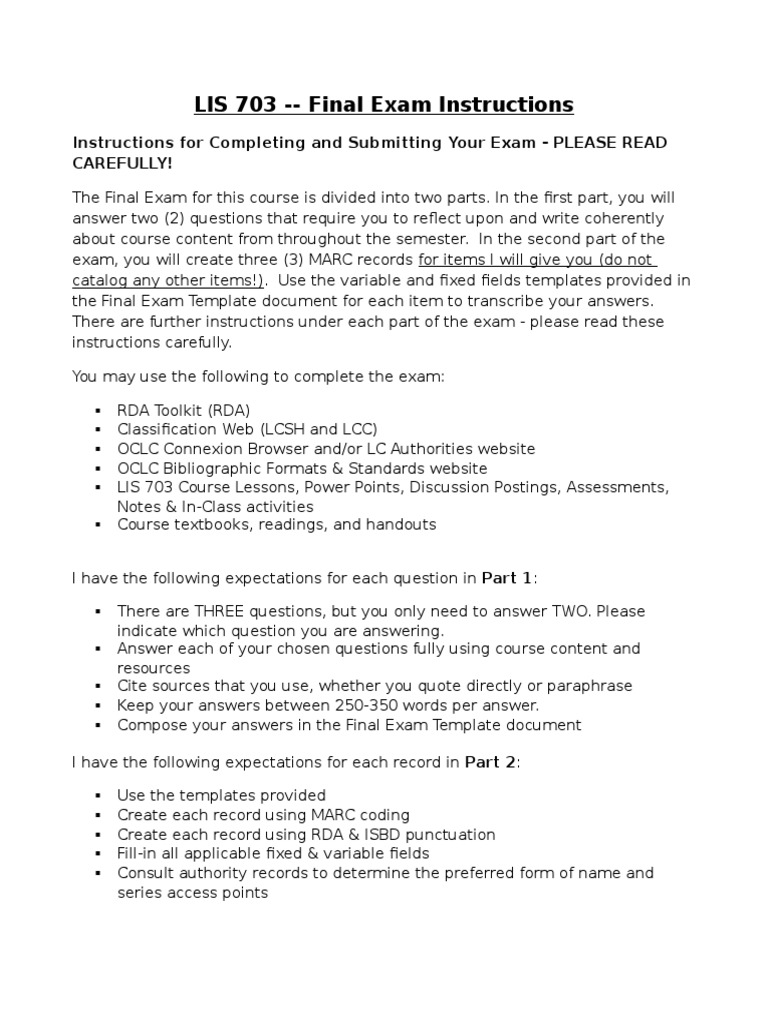 Final Exam Instructions PDF Cataloging Test (Assessment)