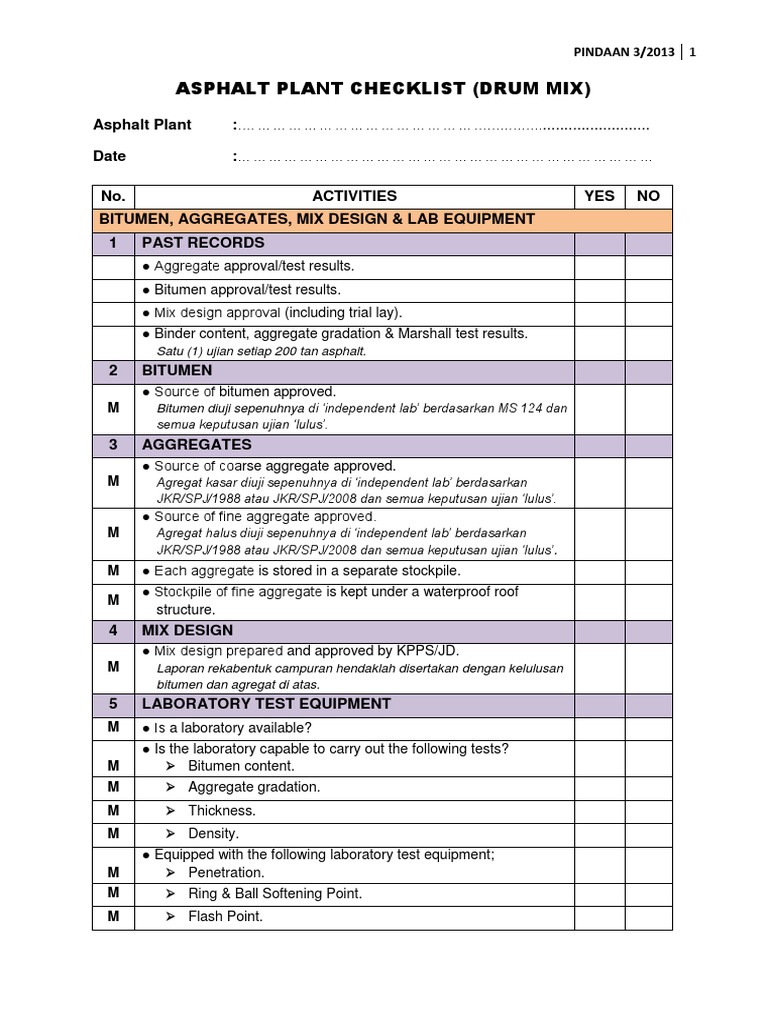 Asphalt Plant Inspection Checklist | PDF | Asphalt | Construction Aggregate