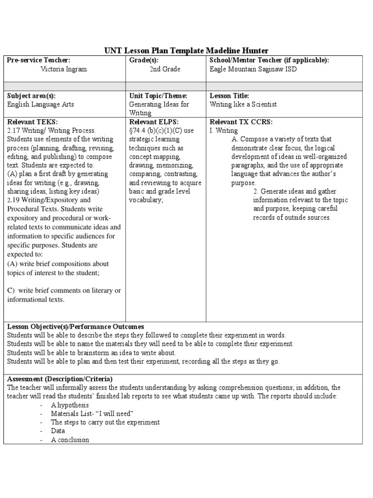 edre 4860 writing madeline hunter lesson plan 2 Lesson Plan Experiment