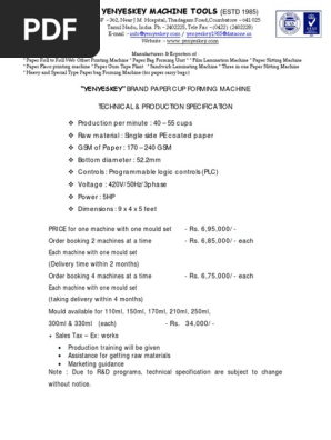 Paper Cup Machine Price List w.e.f 1.3.2010