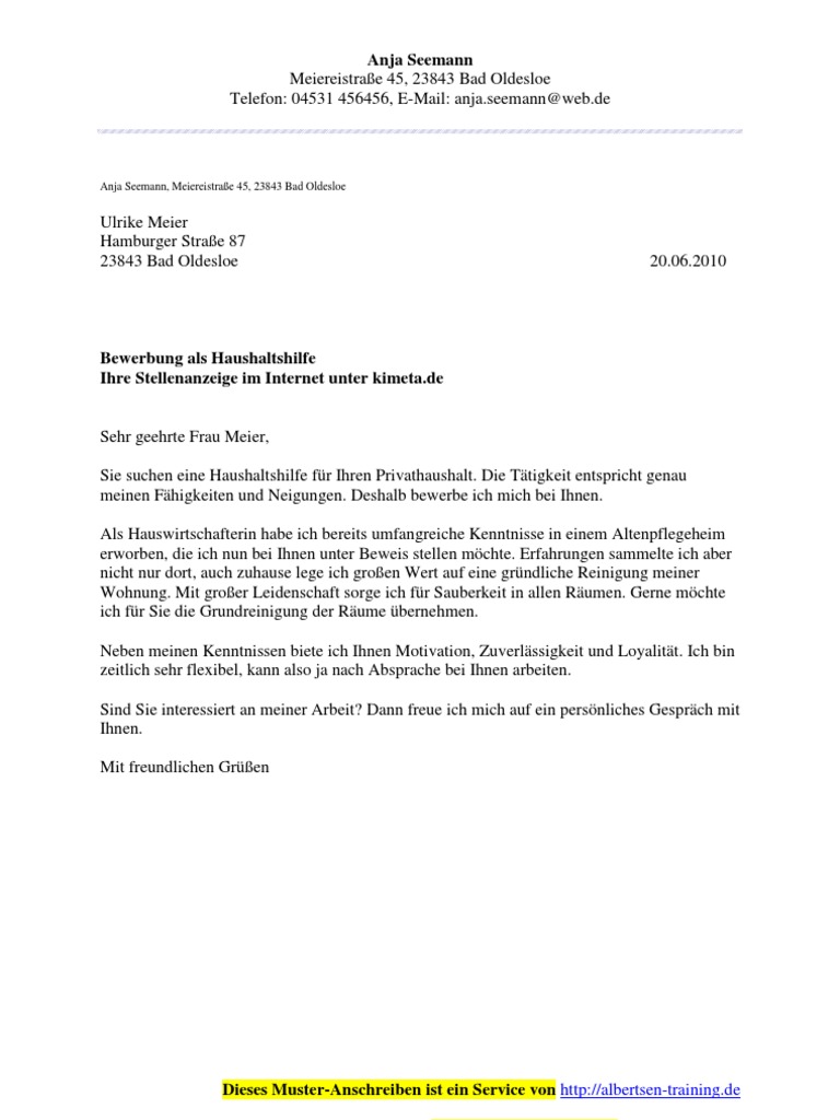 Musterbewerbung Bewerbung Als Haushaltshilfe Job