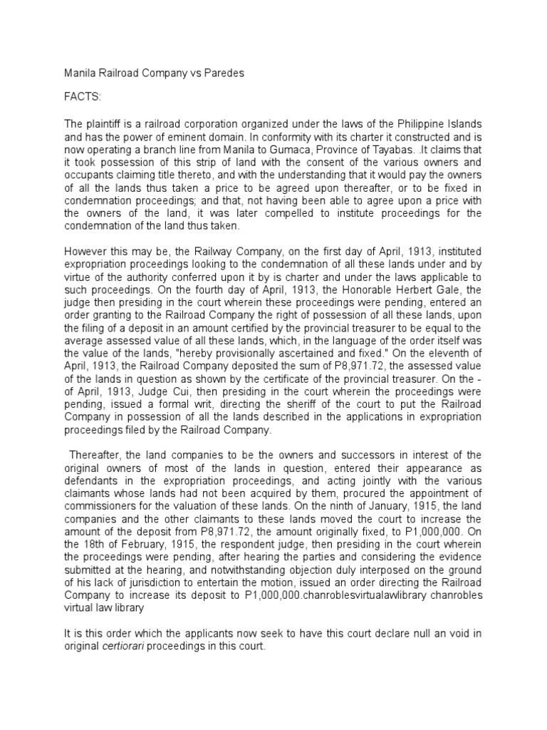 Manila Railroad Expropriation Case Summary | PDF | Eminent Domain ...