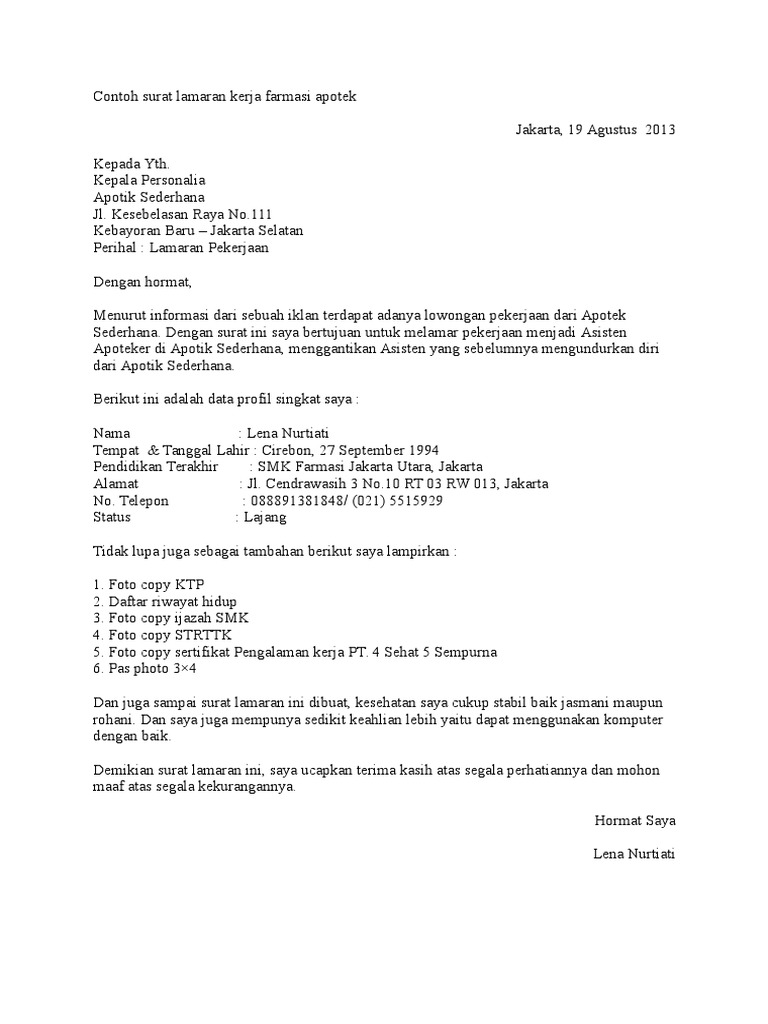 Contoh Surat Lamaran Kerja Untuk Asisten Apoteker Info