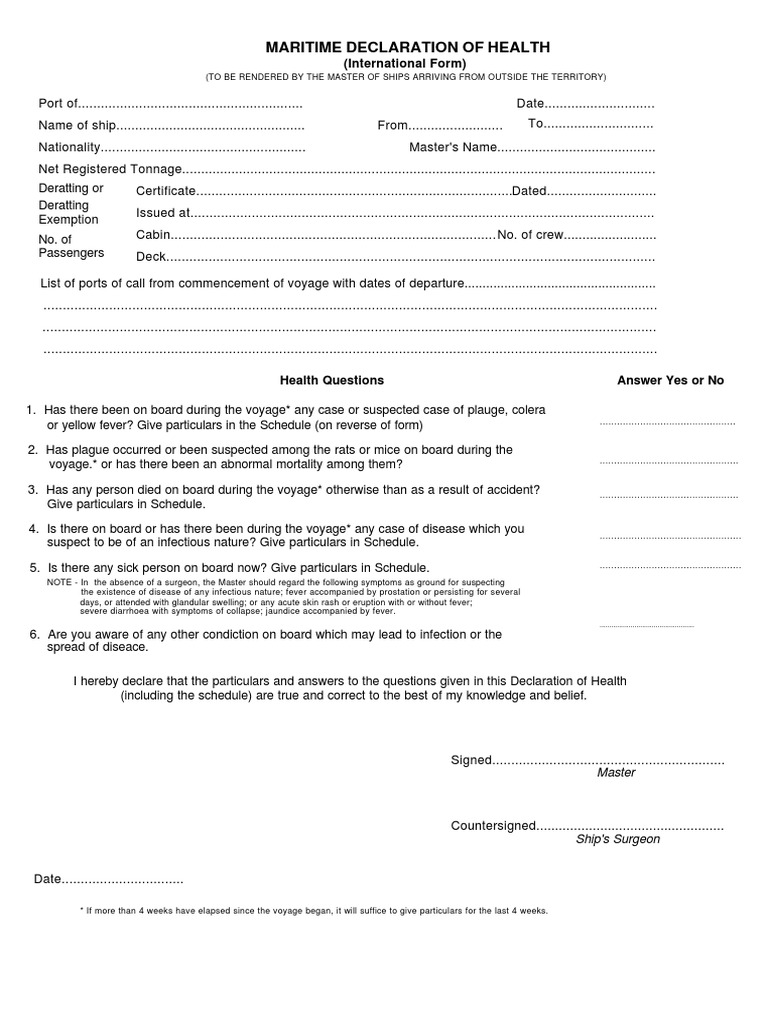 International Maritime Declaration of Health Sample PDF Plague
