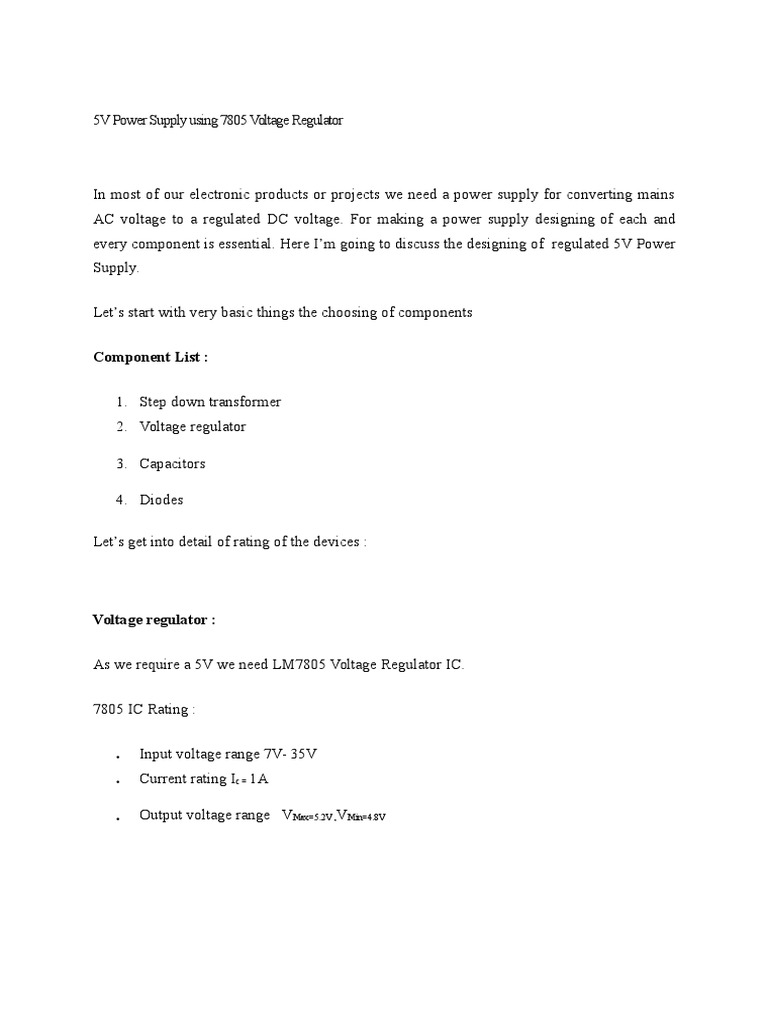 5V Power Supply Design with 7805 | PDF