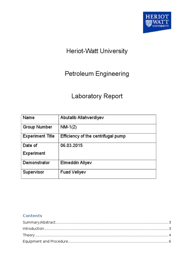 Efficiency of the Centrifugal Pumplab Report Pump Power (Physics)