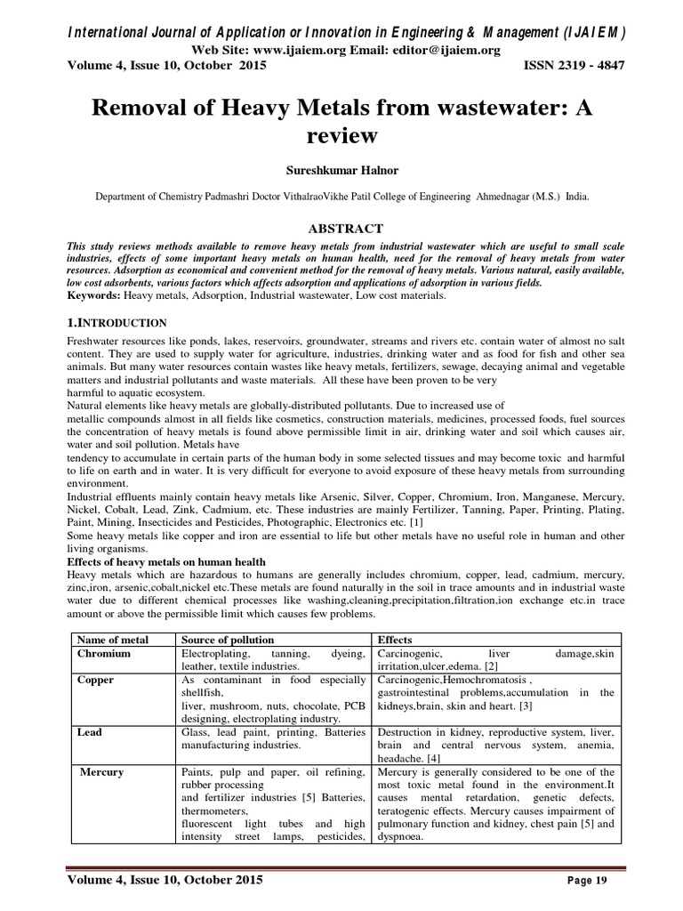 Removal of Heavy Metals From Wastewater A Review PDF | PDF | Adsorption ...