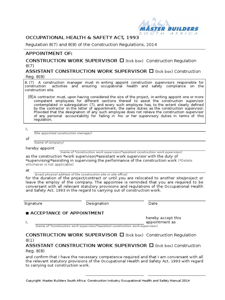 Appointment of Construction Work Supervisor or Assistant Construction ...