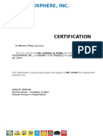 Foodsphere Inc. employment certification for Johndel V. Roma