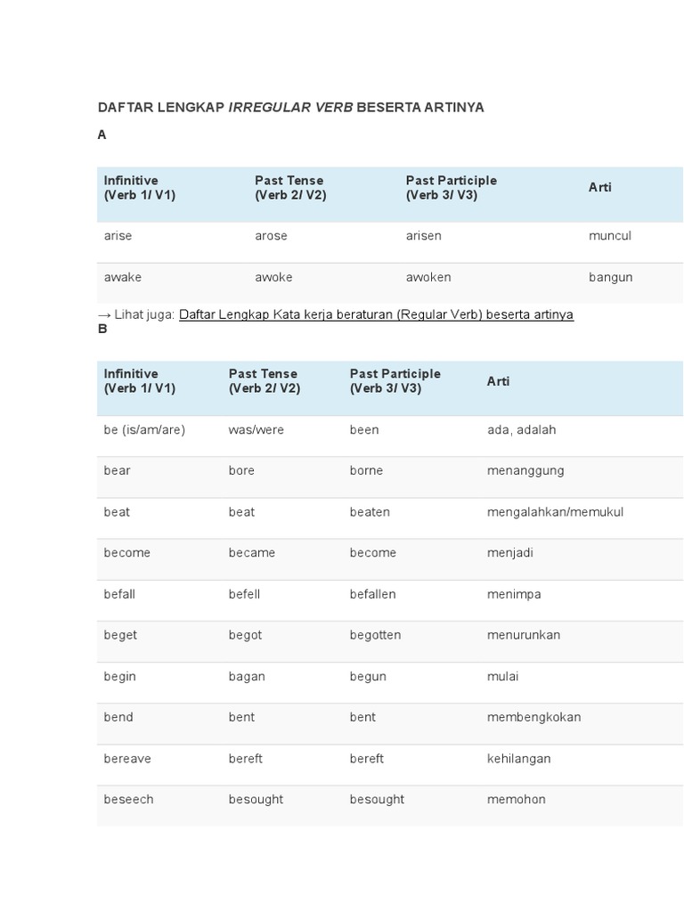 Daftar Irregular Verb dan Artinya | PDF