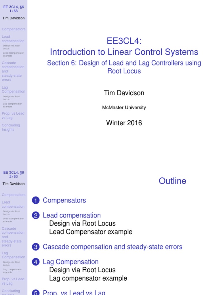EE3CL4: Introduction To Linear Control Systems: Section 6: Design of ...
