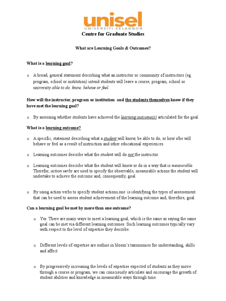 Learning Goals Outcomes Explained Pdf Goal Expert