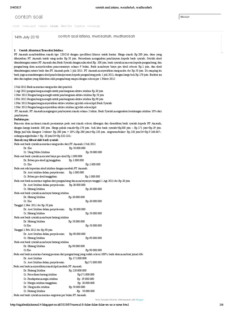 Contoh Soal Istisna Murobahah Mudharobah