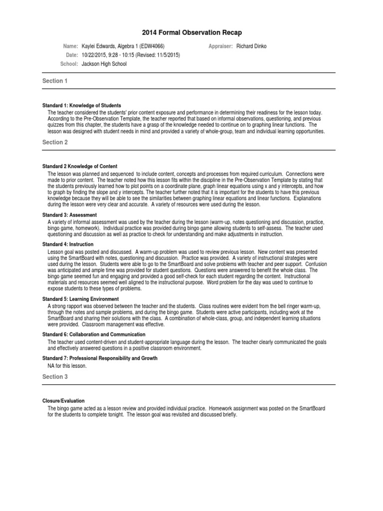Algebra 1 Observation Recap Report | PDF | Classroom Management ...