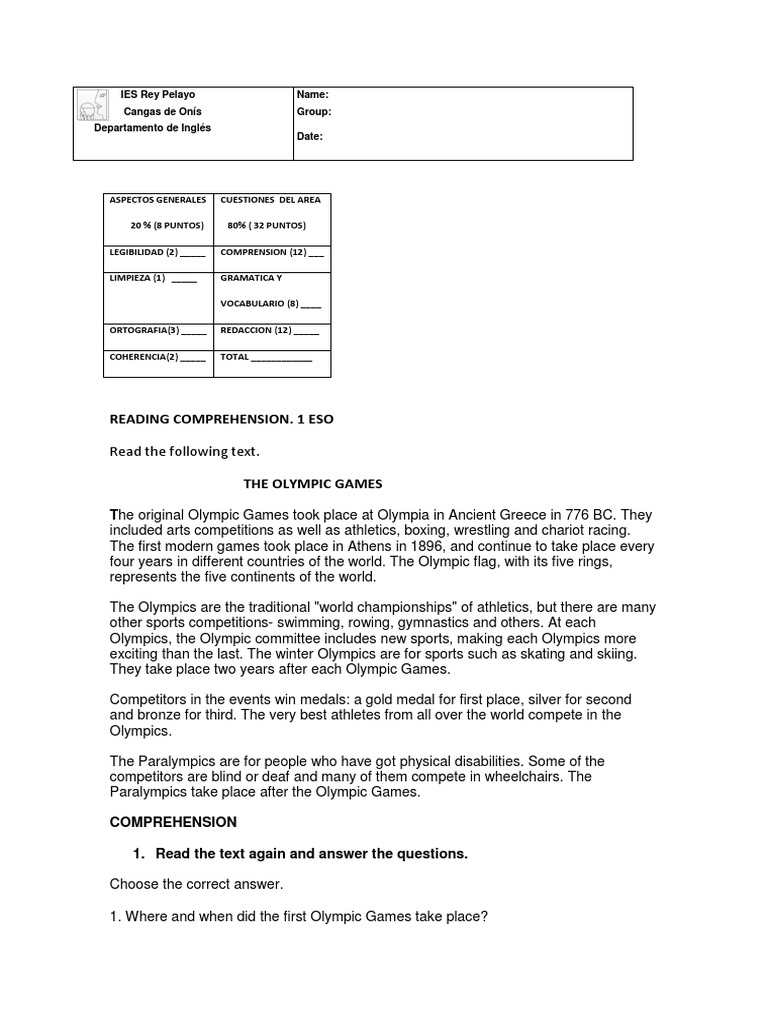 In - Reading 1 Eso PDF | PDF | Olympic Games | Paralympic Games
