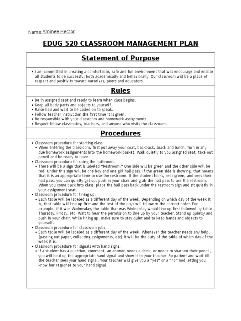 Classroom Management Plan Overview | PDF | Classroom | Homework