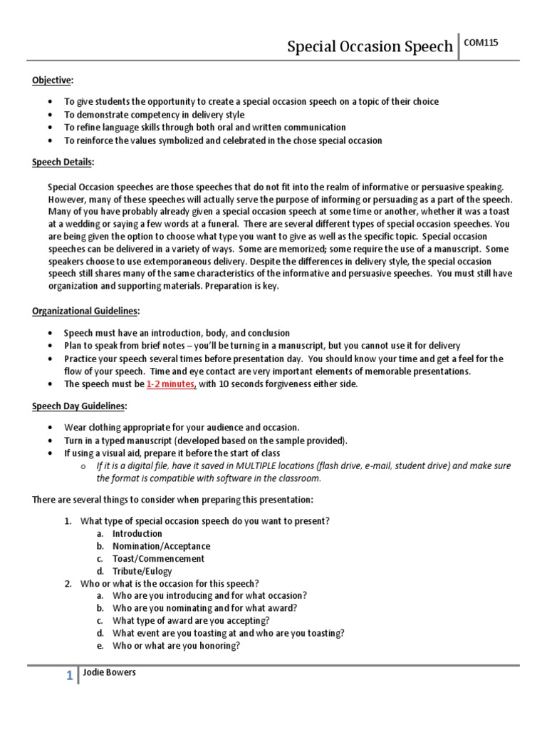Special Occasion Speech Assignment Materials Download Free PDF