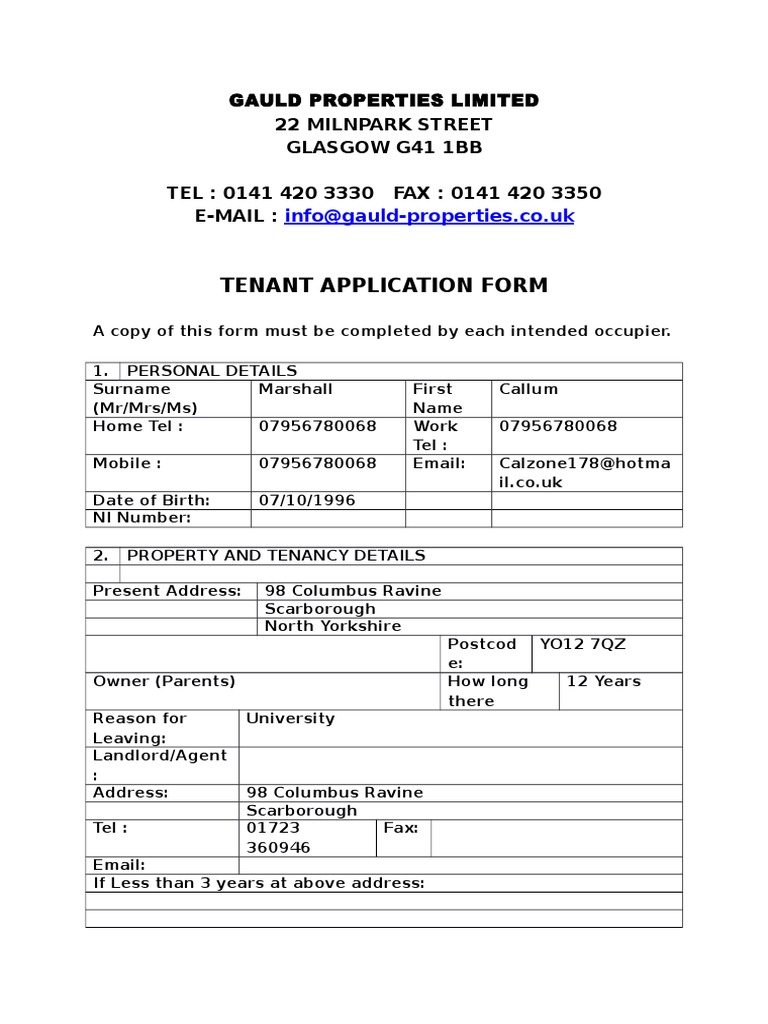 Tenant Application Form for Gauld Properties | PDF
