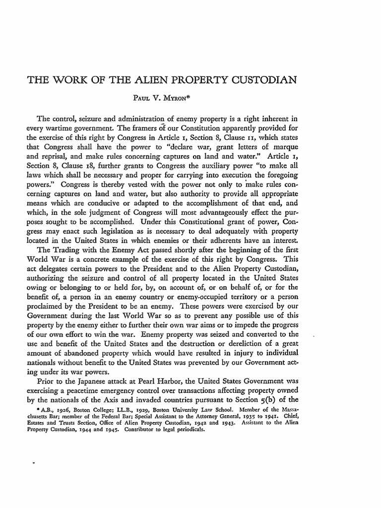 Role of the Alien Property Custodian | PDF | Trademark | Liquidation
