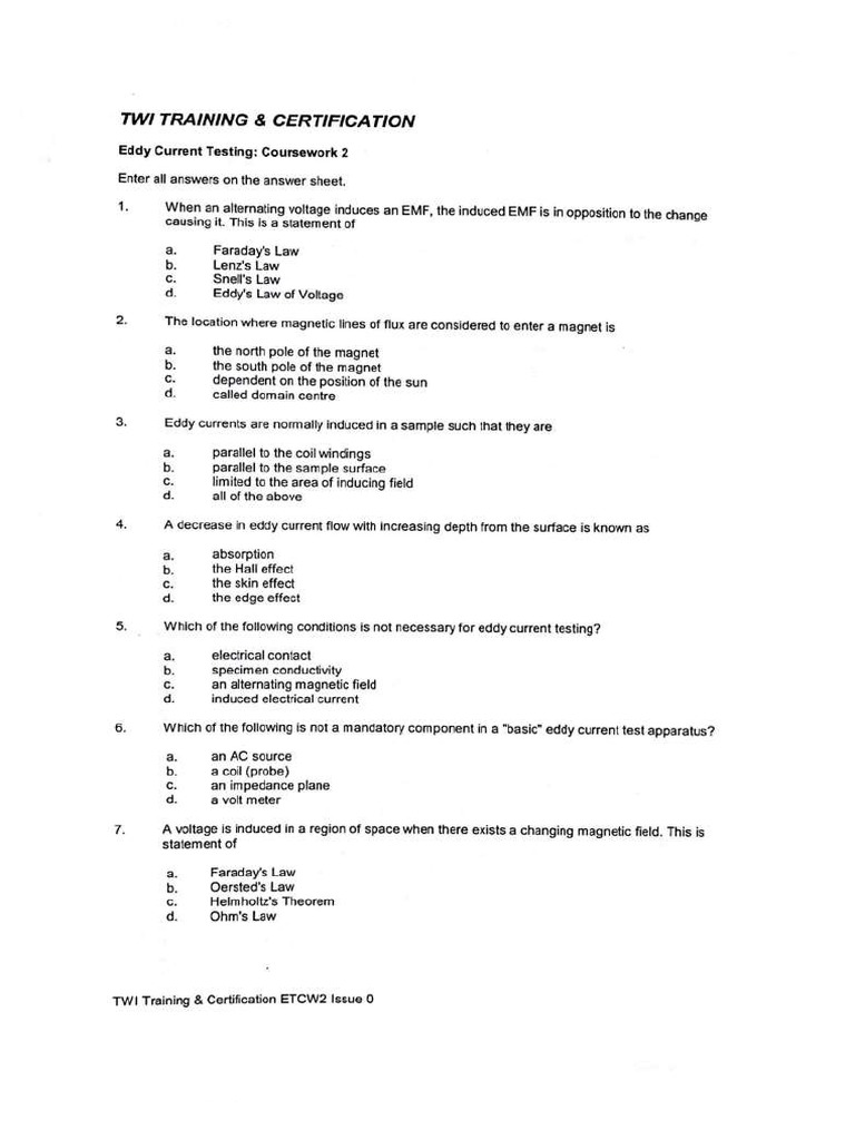 Eddy Current PCN Level 2 Practice Questions 2 PDF