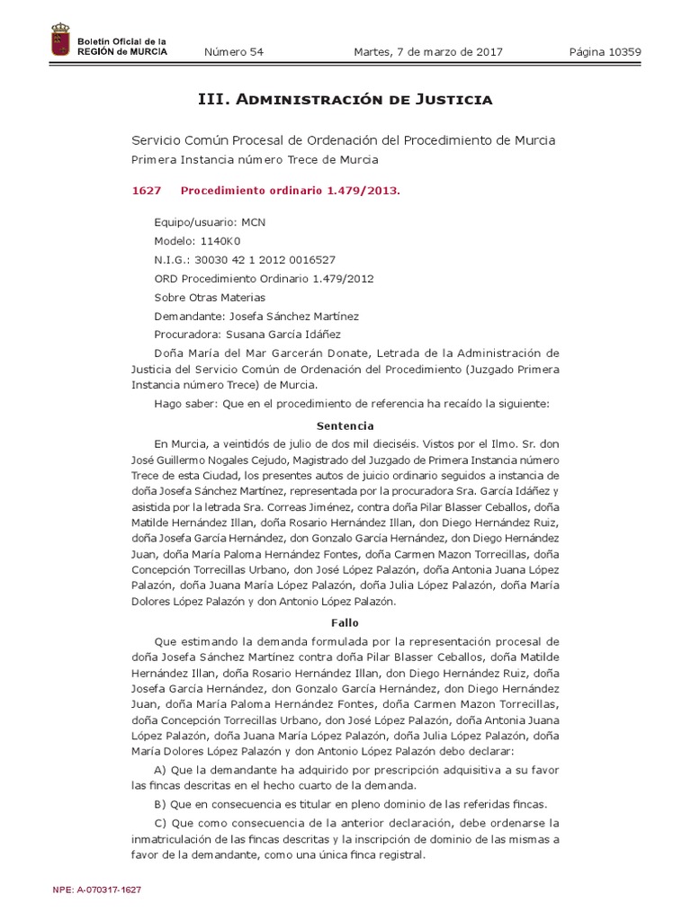 Servicio Común Procesal de Ordenación Del Procedimiento de Murcia Primera Instancia Número Trece
