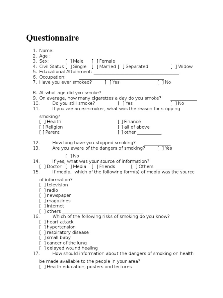 Smoking Questionnaire Tobacco Smoking Addiction