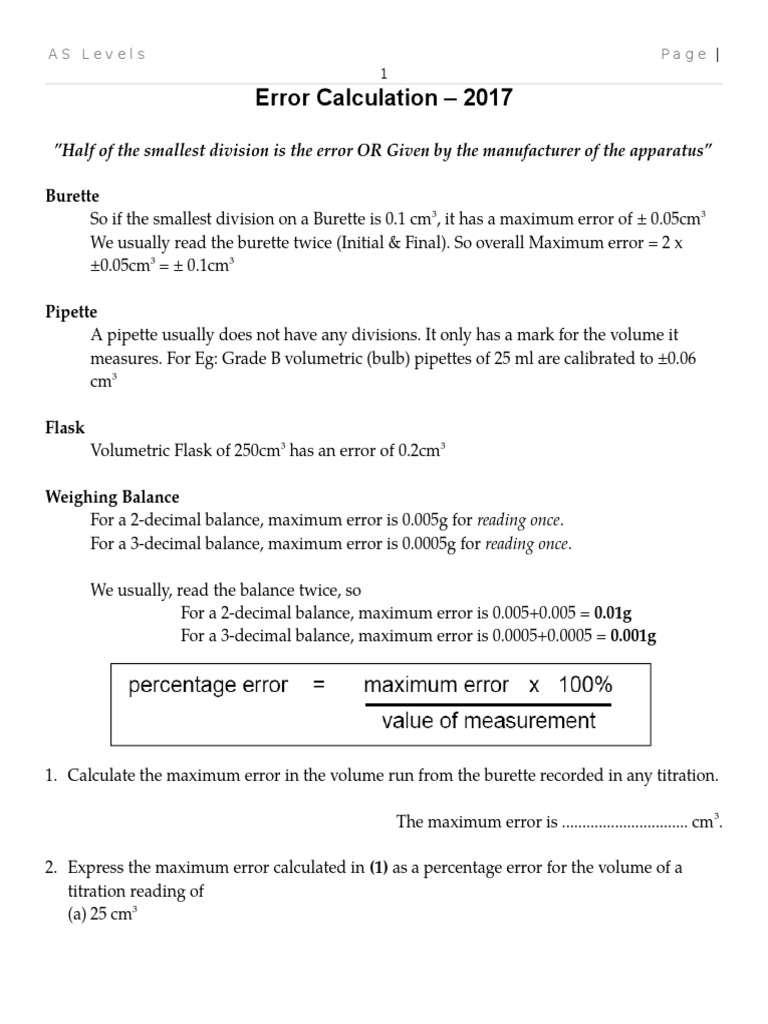 Titration Error and Uncertainty Calculations | PDF | Laboratory ...