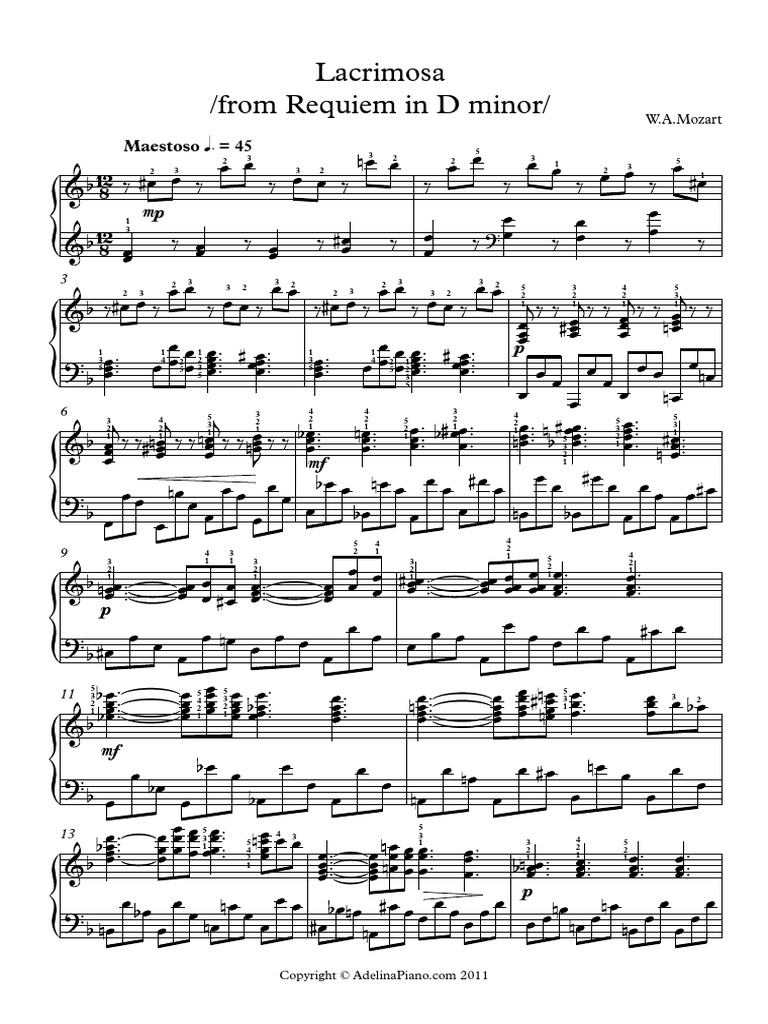 Mozart Lacrimosa Requiem in D Minor Pitch (Music) Compositions
