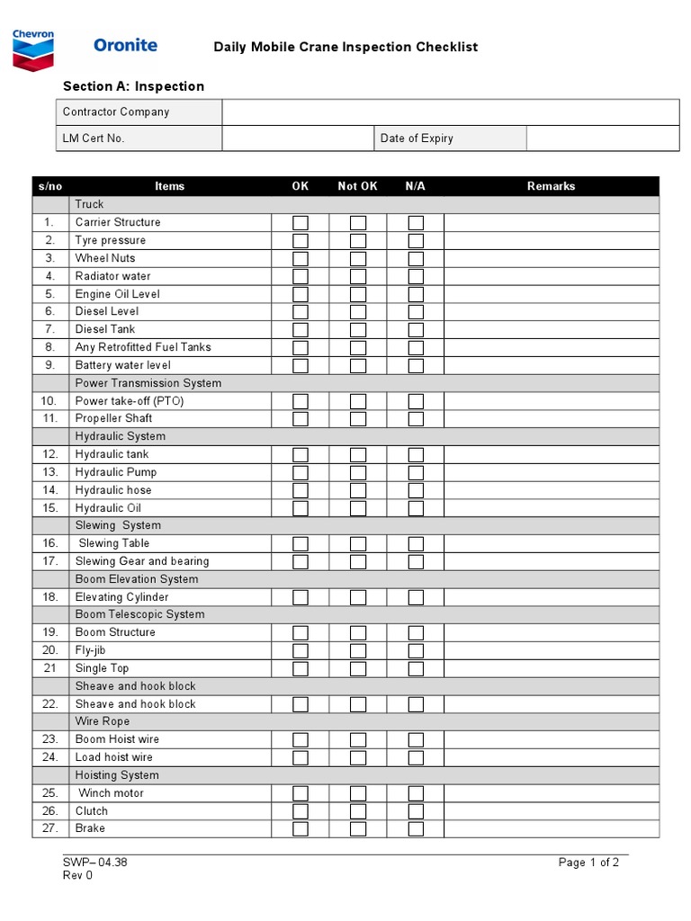 Daily Mobile Crane Inspection Checklist | PDF | Crane (Machine) | Vehicles