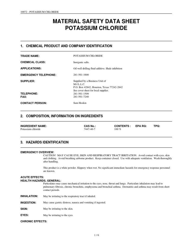 MSDS Potassium Chloride Firefighting Hazardous Waste