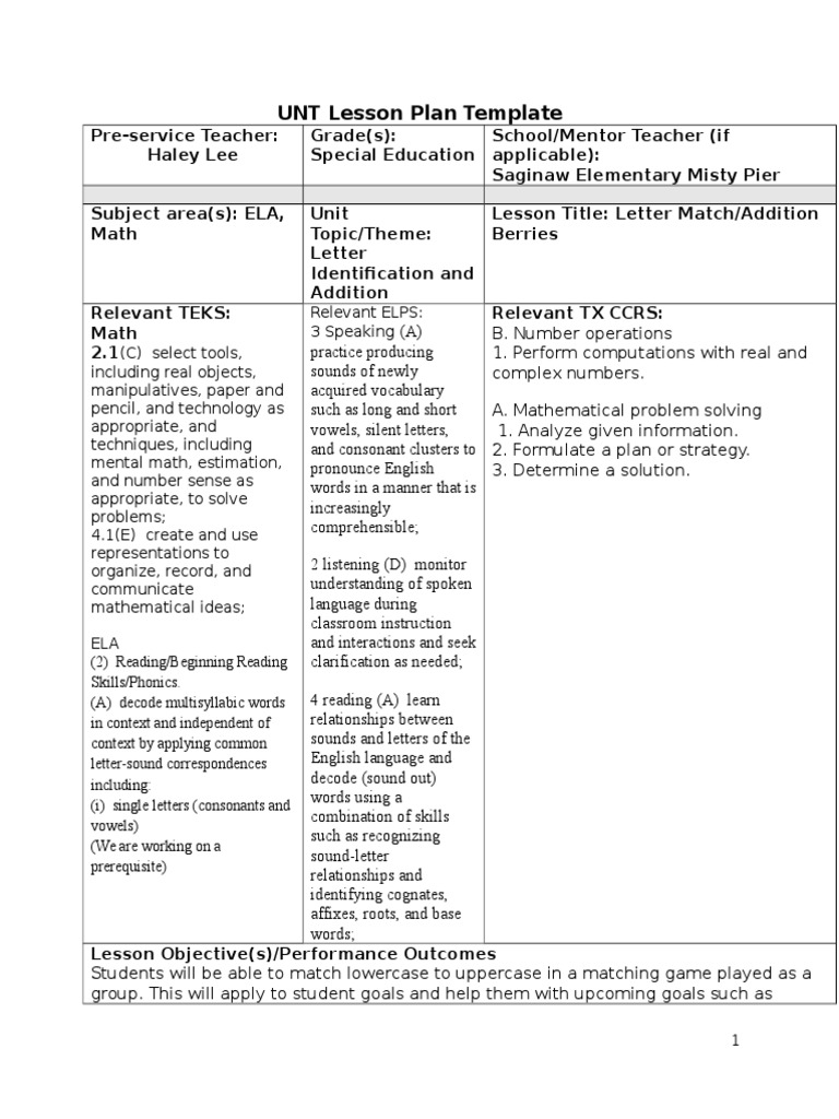 UNT Lesson Plan Template PDF Reading (Process) Phonics UNT Lesson Plan Template PDF Reading (Process) Phonics