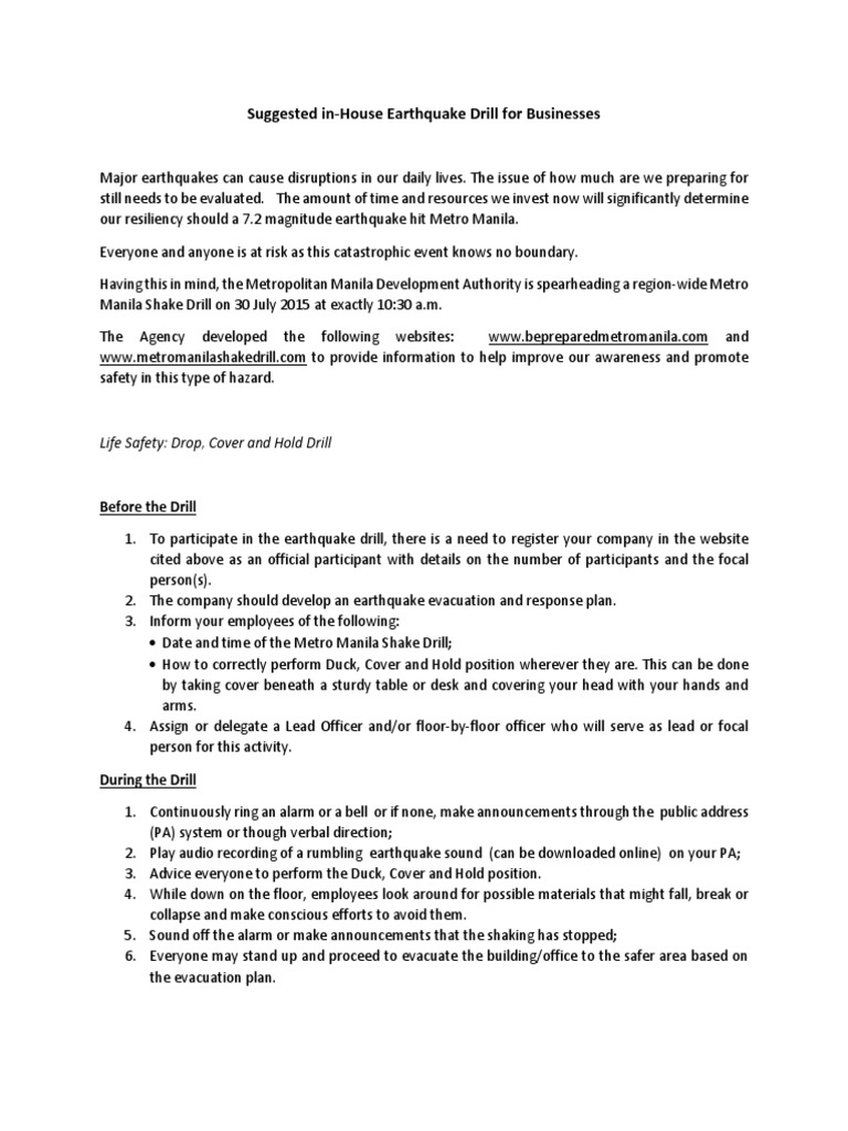 Sample Earthquake Drill PDF | PDF | Emergency Evacuation | Earthquakes