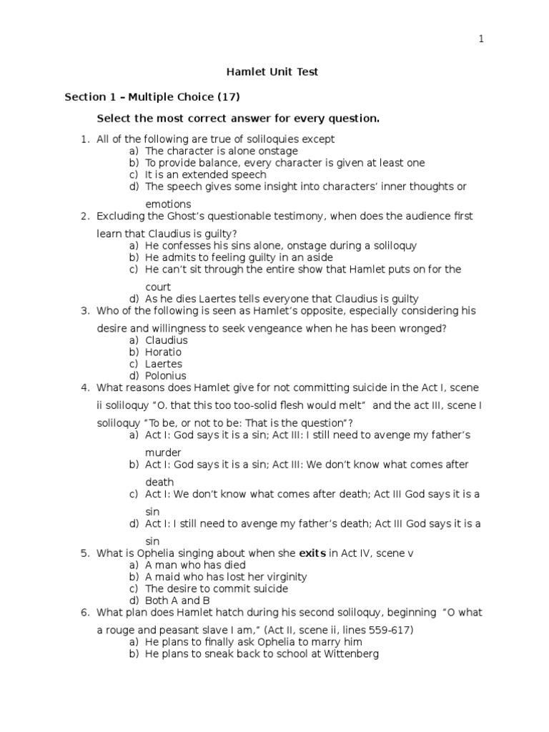 Hamlet Test Eng 4u Hamlet Shakespearean Characters