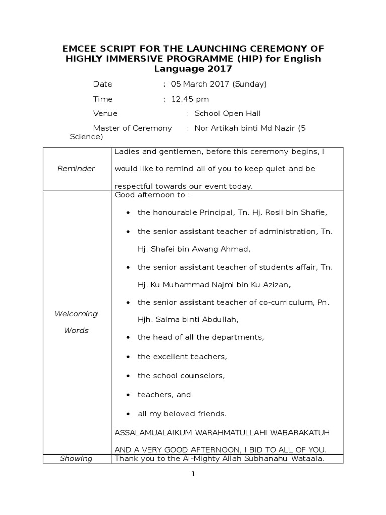 Emcee Script For Hip Launching Ceremony