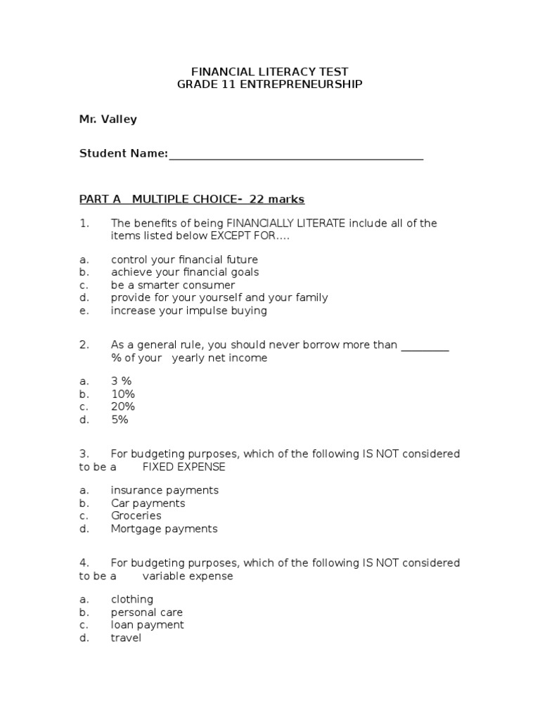 Financial Literacy Test Grade 11 Entrepreneurship Mr. Valley Student ...