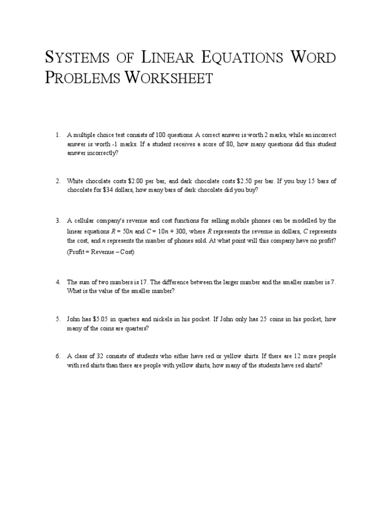 Systems of Linear Equations Word Problems Worksheet  PDF Throughout Linear Equation Word Problems Worksheet