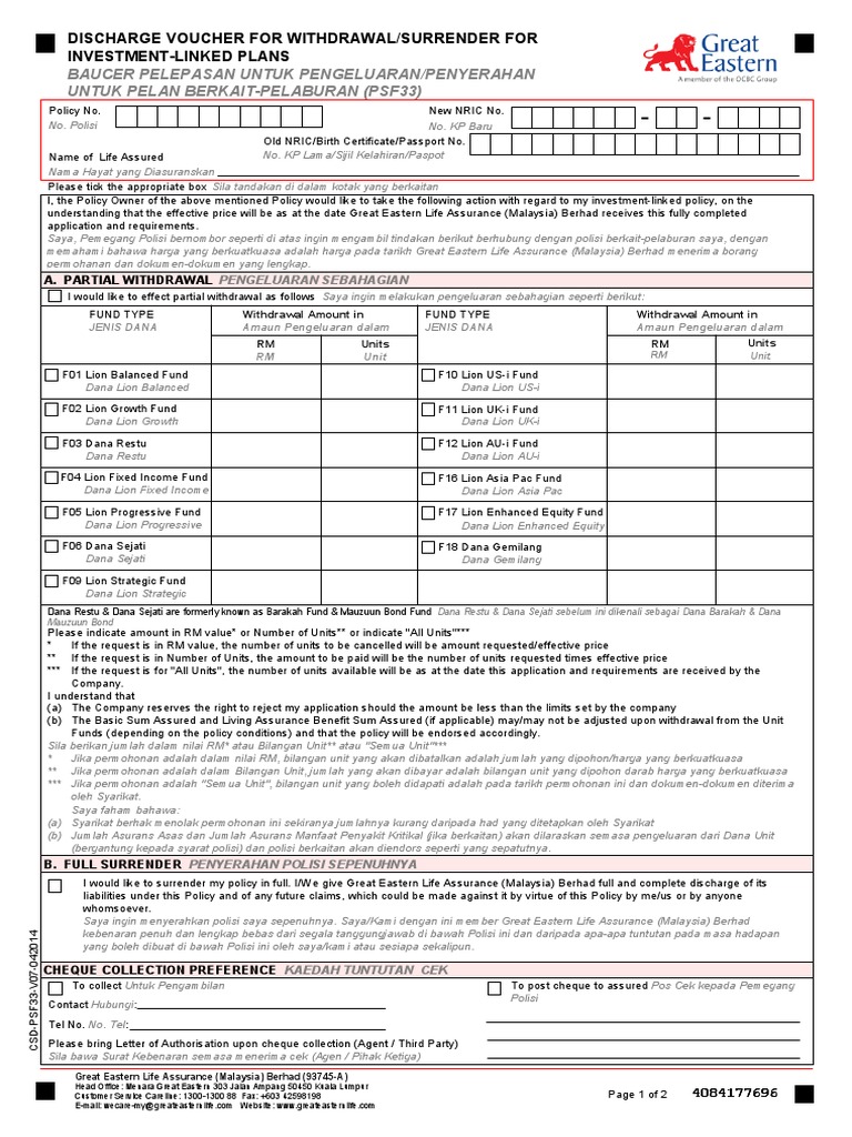 Discharge Voucher For Withdrawal Surrender For InvestmentLinked Plan