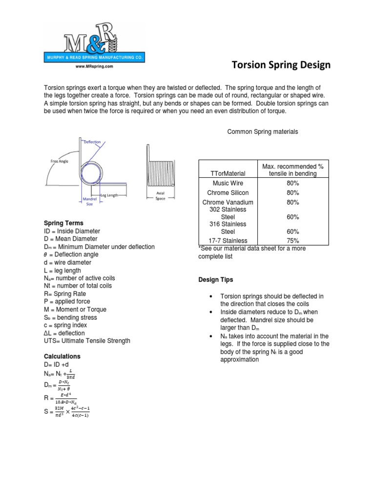 Torsion Spring Design Info PDF Bending Classical Mechanics