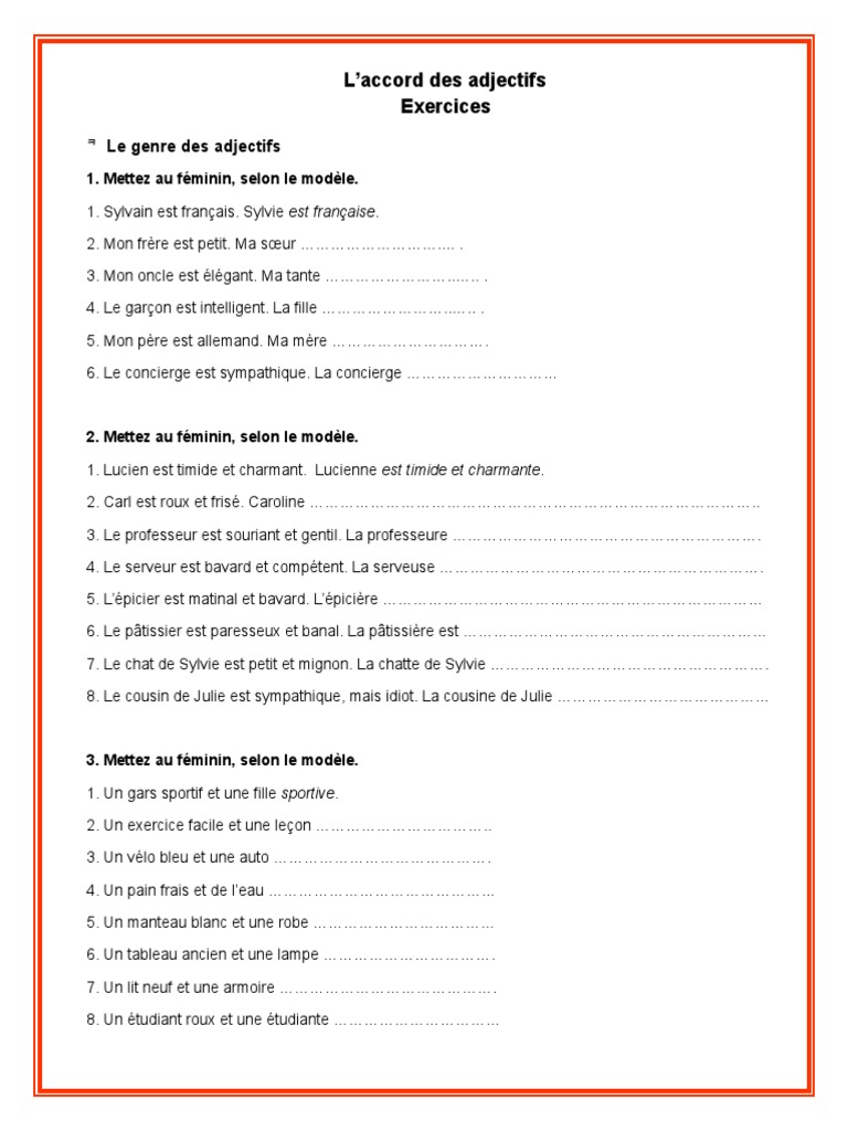 L accord Des Adjectifs Exercices Pdf Le Genre Et Le Pluriel Des Adjectifs Exercices Et Corrige | PDF | Genre  grammatical | Nourritures