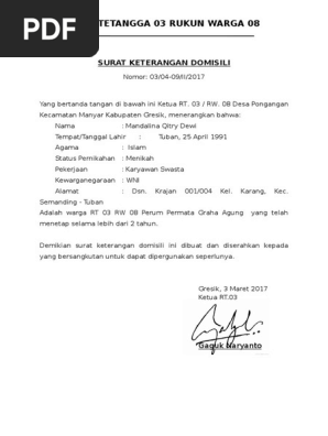 Surat Keterangan Domisili Gresik Contoh Surat Selain itu surat keterangan domisili ini bisa digunakan oleh perusahaan untuk membuat NPWP.