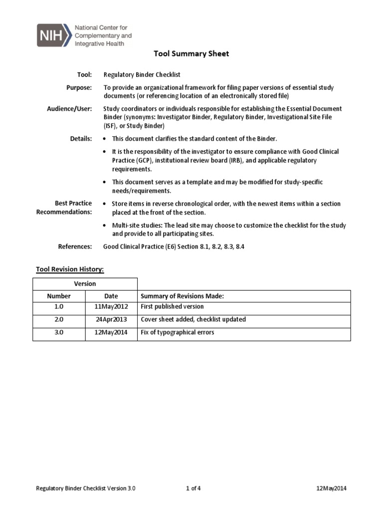 Regulatory Binder Checklist PDF Institutional Review Board