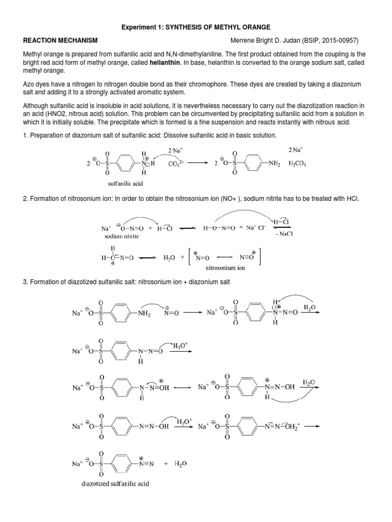 Synthesis of Methyl Orange Reaction Mechanism PDF Physical