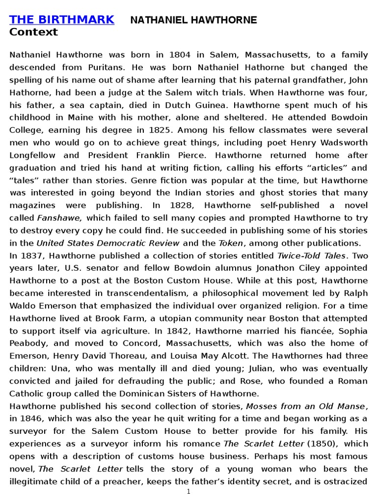 The Birthmark Nathaniel Hawthorne | Nathaniel Hawthorne