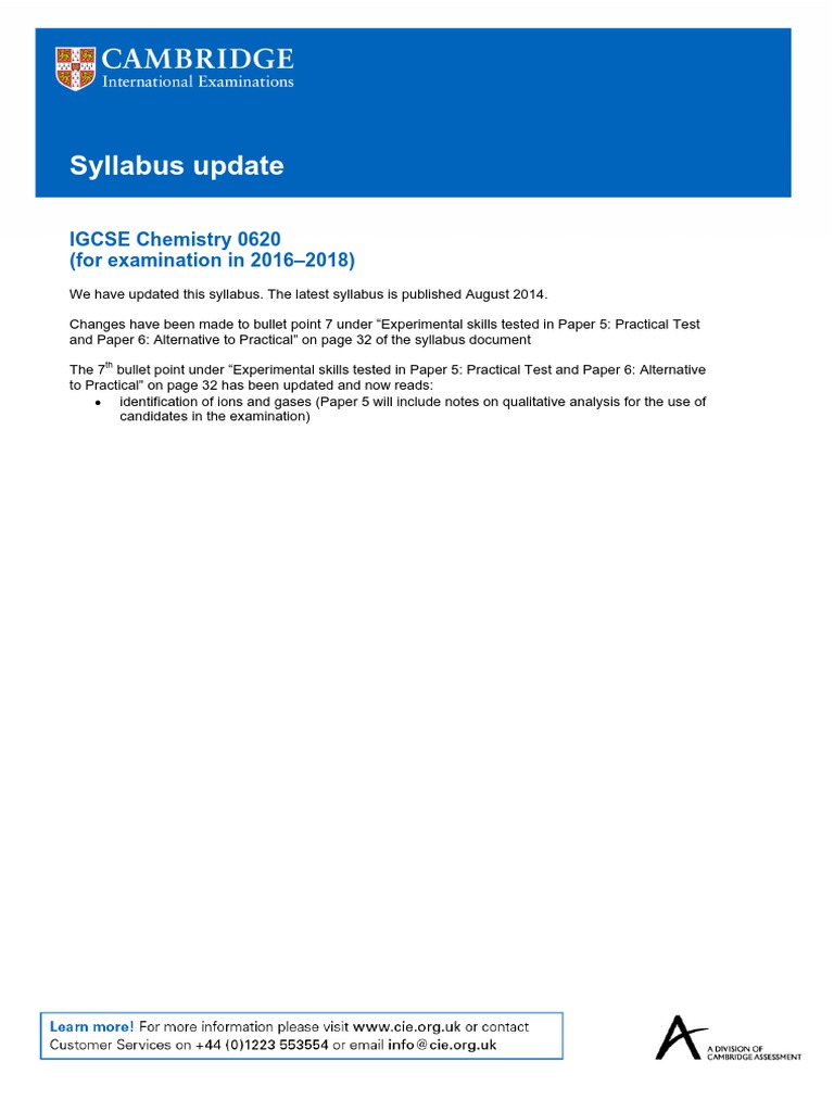 IGCSE Chemistry 0620 Syllabus Update | PDF | Science & Mathematics ...