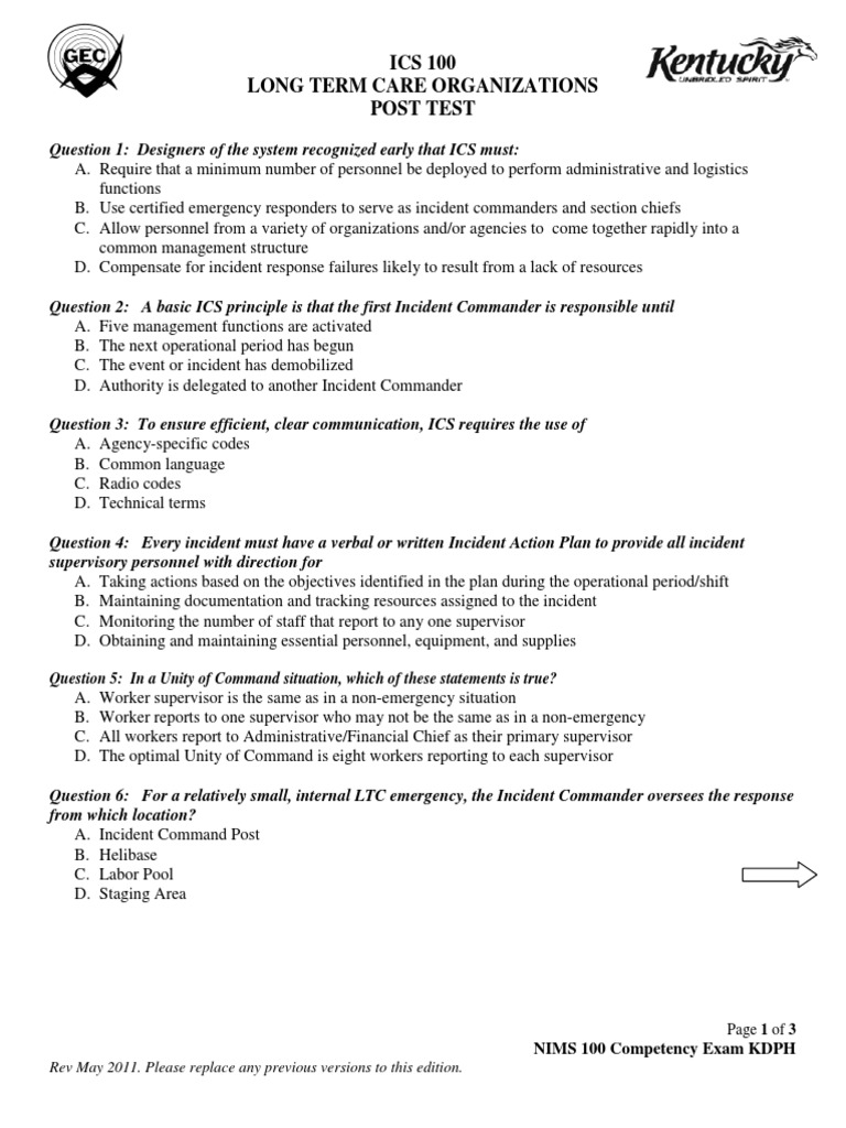 ICS 100 Long Term Care Post Test | PDF | Incident Command System ...