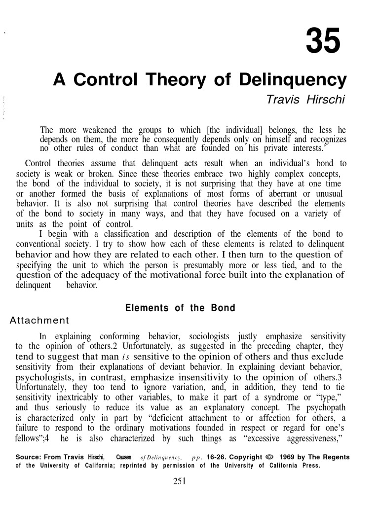A Control Theory of Delinquency PDF PDF Deviance (Sociology