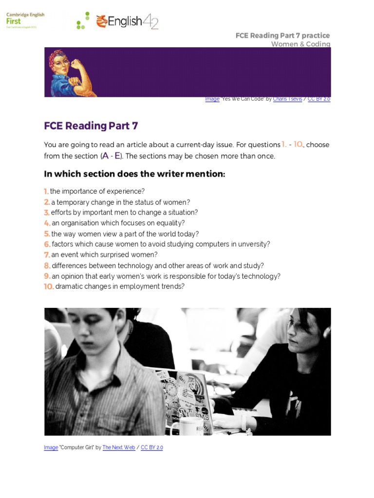 FCE Reading Part 7 Practice - Women & Coding English42 | PDF ...